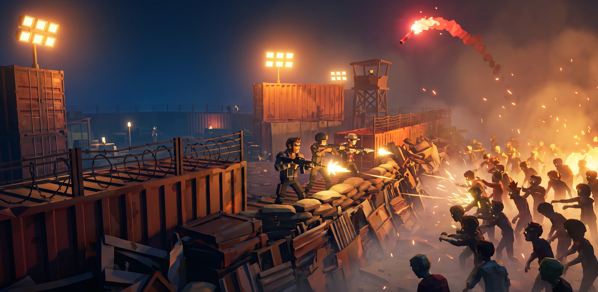 Survivors hold a barricade against a zombie horde at night